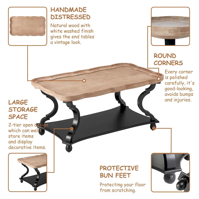 Rustic Farmhouse Coffee Table with Tray Top and Lower Shelf, Distressed Finish