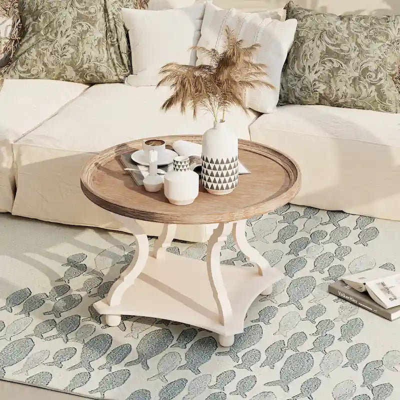 Rustic Farmhouse Coffee Table with Tray Top and Lower Shelf, Distressed Finish