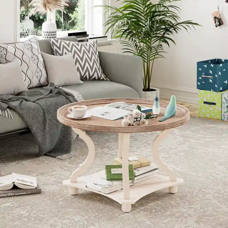 Rustic Farmhouse Coffee Table with Tray Top and Lower Shelf, Distressed Finish