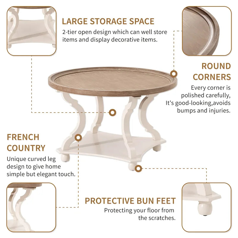 Rustic Farmhouse Coffee Table with Tray Top and Lower Shelf, Distressed Finish