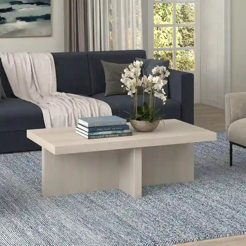 44-Inch Rectangular Coffee Table, Scandinavian X-Base, Wood-Look Finish