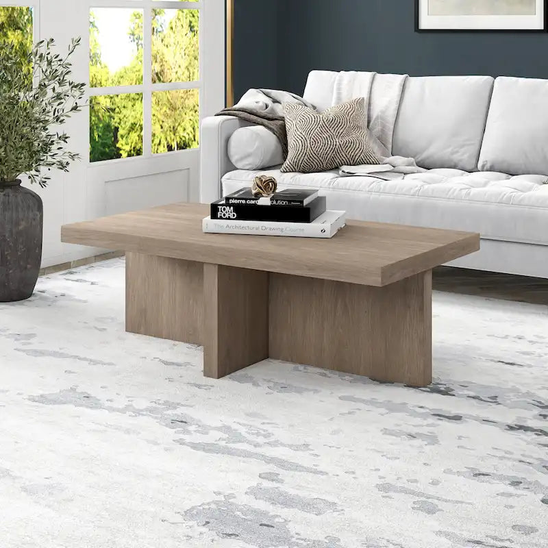 44-Inch Rectangular Coffee Table, Scandinavian X-Base, Wood-Look Finish