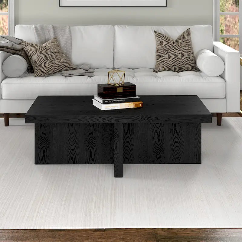 44-Inch Rectangular Coffee Table, Scandinavian X-Base, Wood-Look Finish