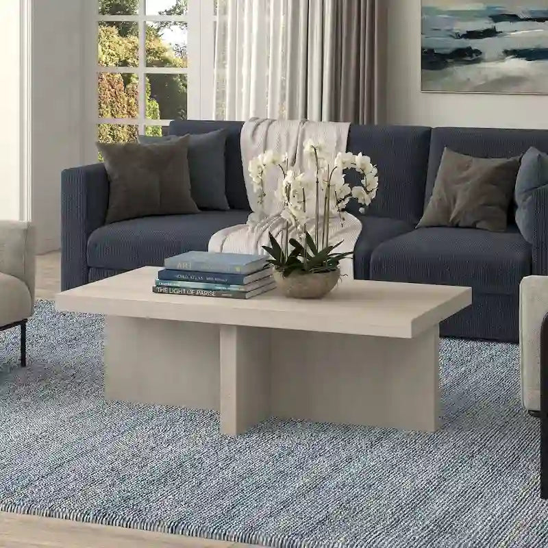44-Inch Rectangular Coffee Table, Scandinavian X-Base, Wood-Look Finish