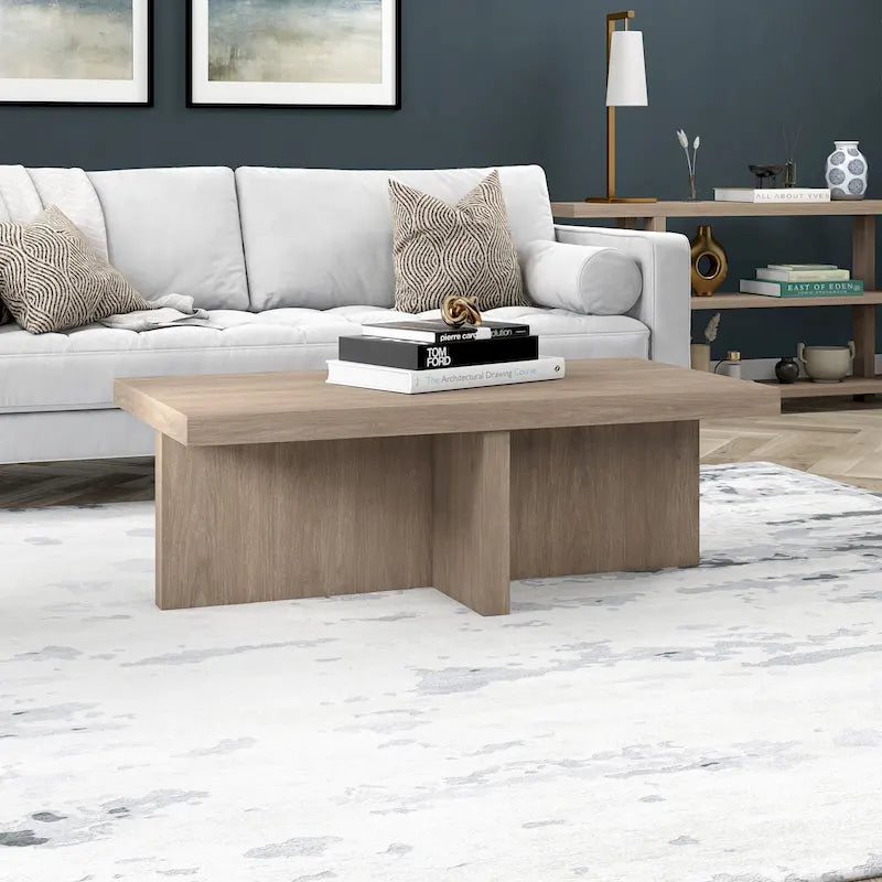 44-Inch Rectangular Coffee Table, Scandinavian X-Base, Wood-Look Finish