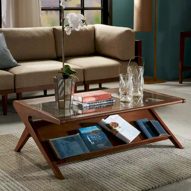 Mid-Century Coffee Table, Tempered Glass Top and Oak Veneer, Open Shelf, 45W x 27D x 16H