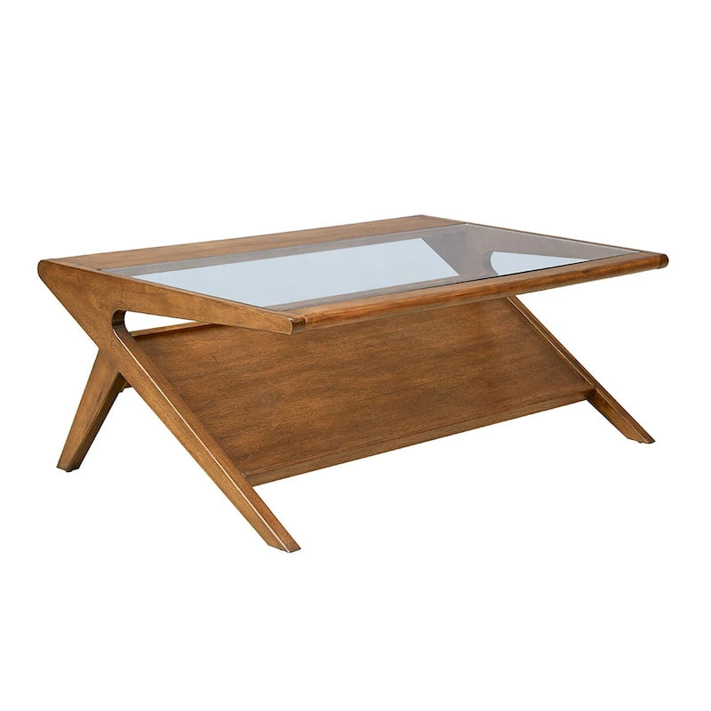 Mid-Century Coffee Table, Tempered Glass Top and Oak Veneer, Open Shelf, 45W x 27D x 16H
