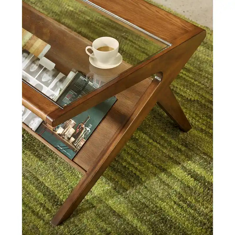 Mid-Century Coffee Table, Tempered Glass Top and Oak Veneer, Open Shelf, 45W x 27D x 16H