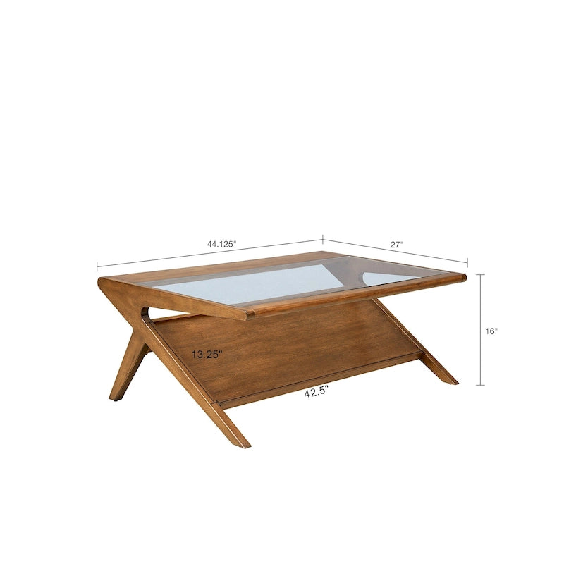Mid-Century Coffee Table, Tempered Glass Top and Oak Veneer, Open Shelf, 45W x 27D x 16H