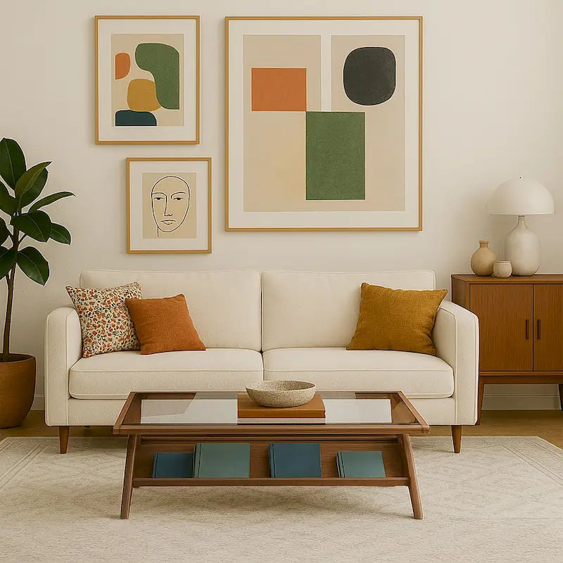 Mid-Century Coffee Table, Tempered Glass Top and Oak Veneer, Open Shelf, 45W x 27D x 16H