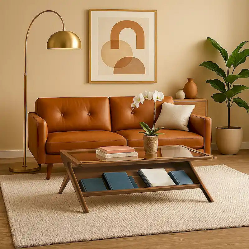 Mid-Century Coffee Table, Tempered Glass Top and Oak Veneer, Open Shelf, 45W x 27D x 16H