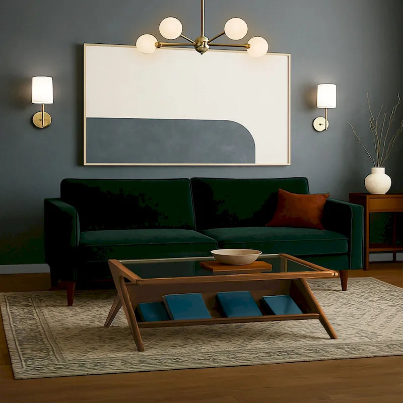 Mid-Century Coffee Table, Tempered Glass Top and Oak Veneer, Open Shelf, 45W x 27D x 16H