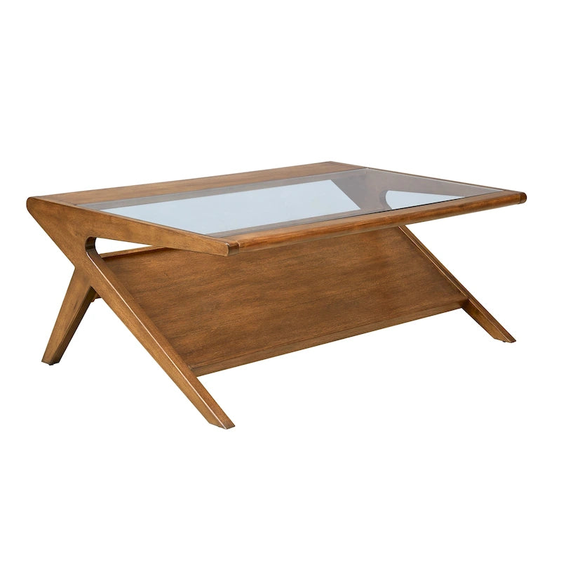 Mid-Century Coffee Table, Tempered Glass Top and Oak Veneer, Open Shelf, 45W x 27D x 16H