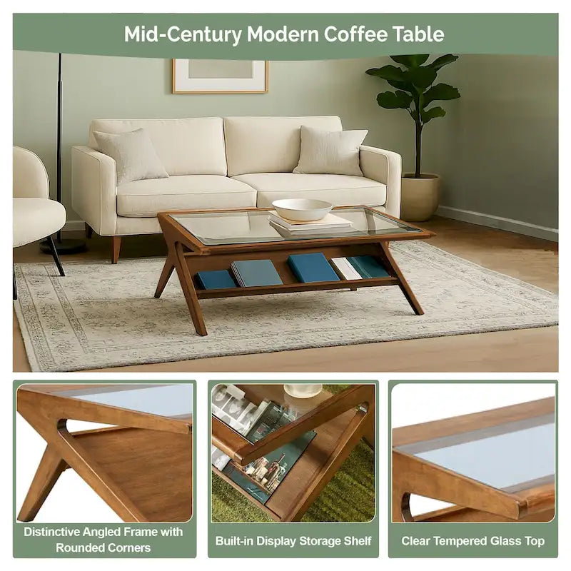 Mid-Century Coffee Table, Tempered Glass Top and Oak Veneer, Open Shelf, 45W x 27D x 16H
