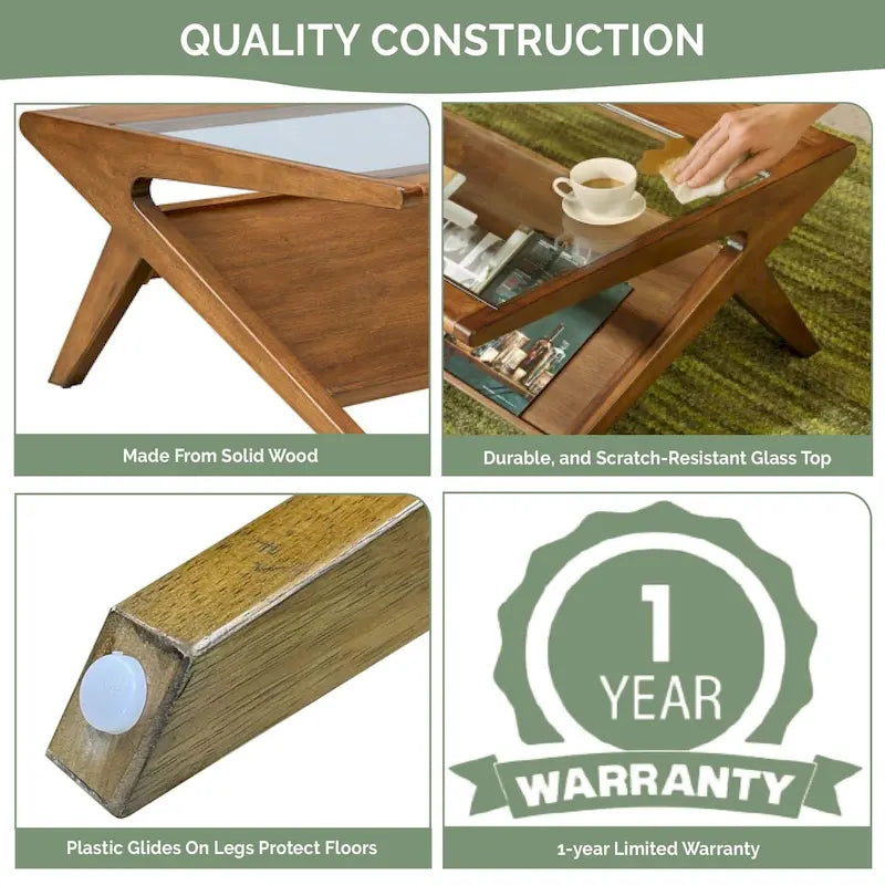 Mid-Century Coffee Table, Tempered Glass Top and Oak Veneer, Open Shelf, 45W x 27D x 16H