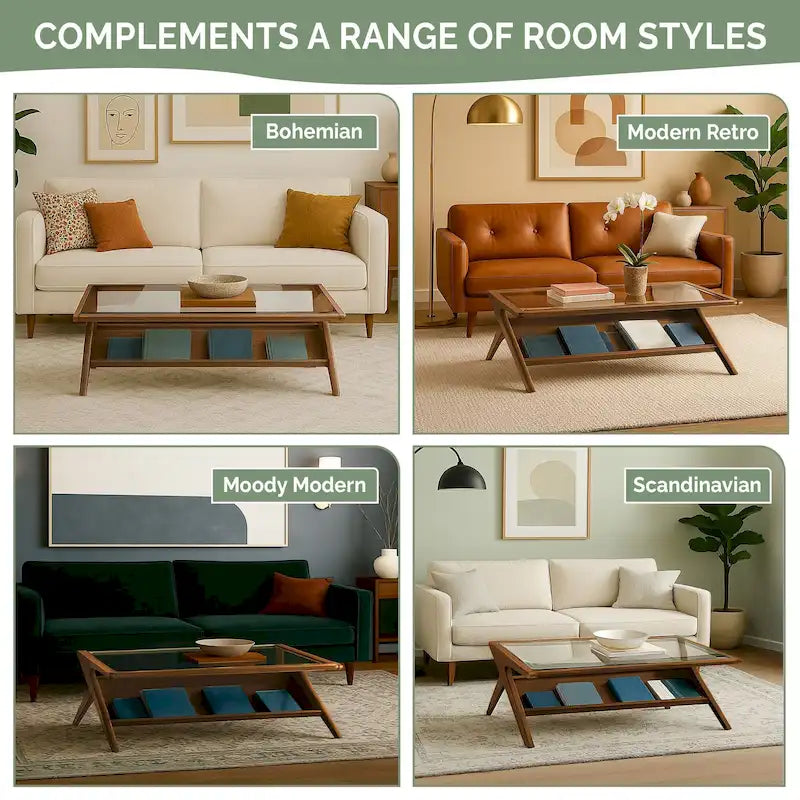 Mid-Century Coffee Table, Tempered Glass Top and Oak Veneer, Open Shelf, 45W x 27D x 16H