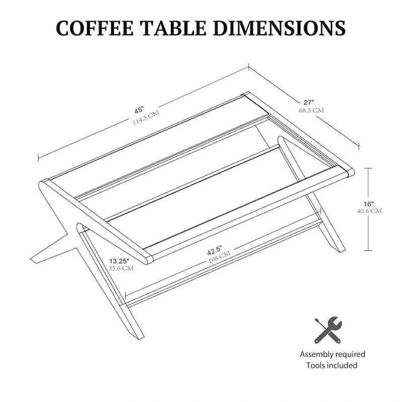 Mid-Century Coffee Table, Tempered Glass Top and Oak Veneer, Open Shelf, 45W x 27D x 16H