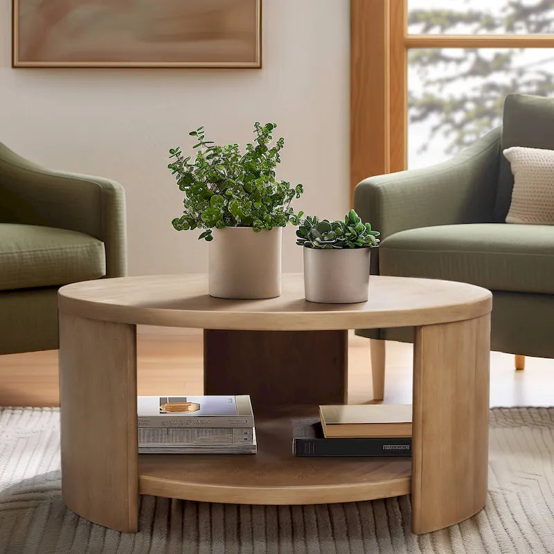 Round Wood Coffee Table with Fixed Shelf, Rubberwood Veneer, 36 Dia x 18H