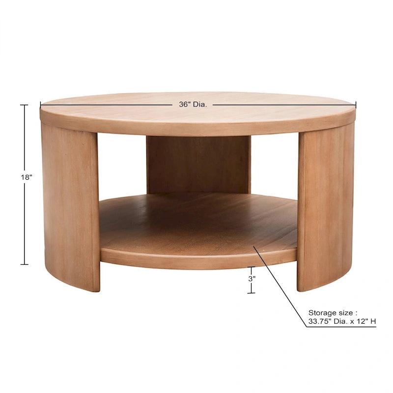 Round Wood Coffee Table with Fixed Shelf, Rubberwood Veneer, 36 Dia x 18H