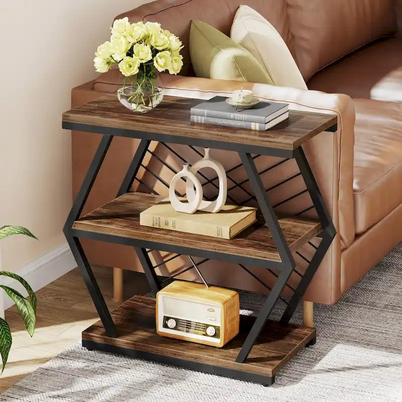 3-Tier Industrial End Table with Open Shelves, Rustic Wood and Metal