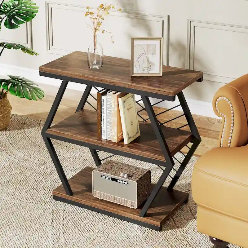 3-Tier Industrial End Table with Open Shelves, Rustic Wood and Metal