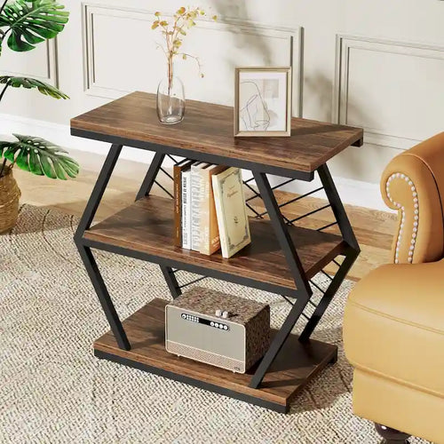 3-Tier Industrial End Table with Open Shelves, Rustic Wood and Metal