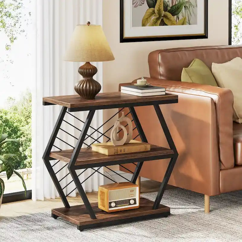 3-Tier Industrial End Table with Open Shelves, Rustic Wood and Metal