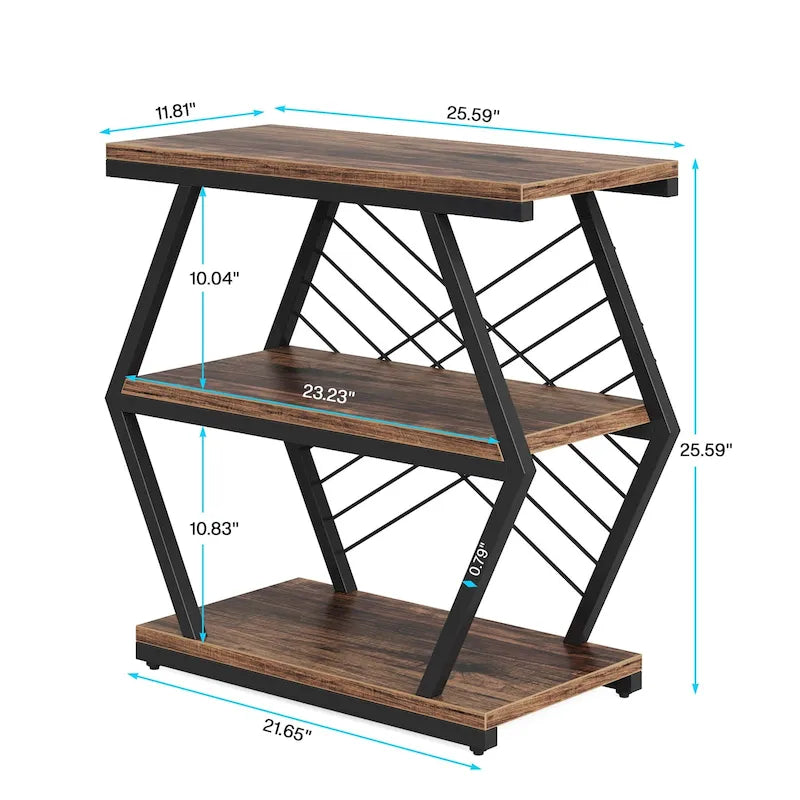 3-Tier Industrial End Table with Open Shelves, Rustic Wood and Metal