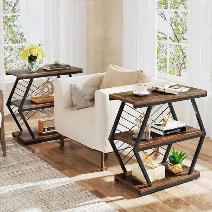 3-Tier Industrial End Table with Open Shelves, Rustic Wood and Metal