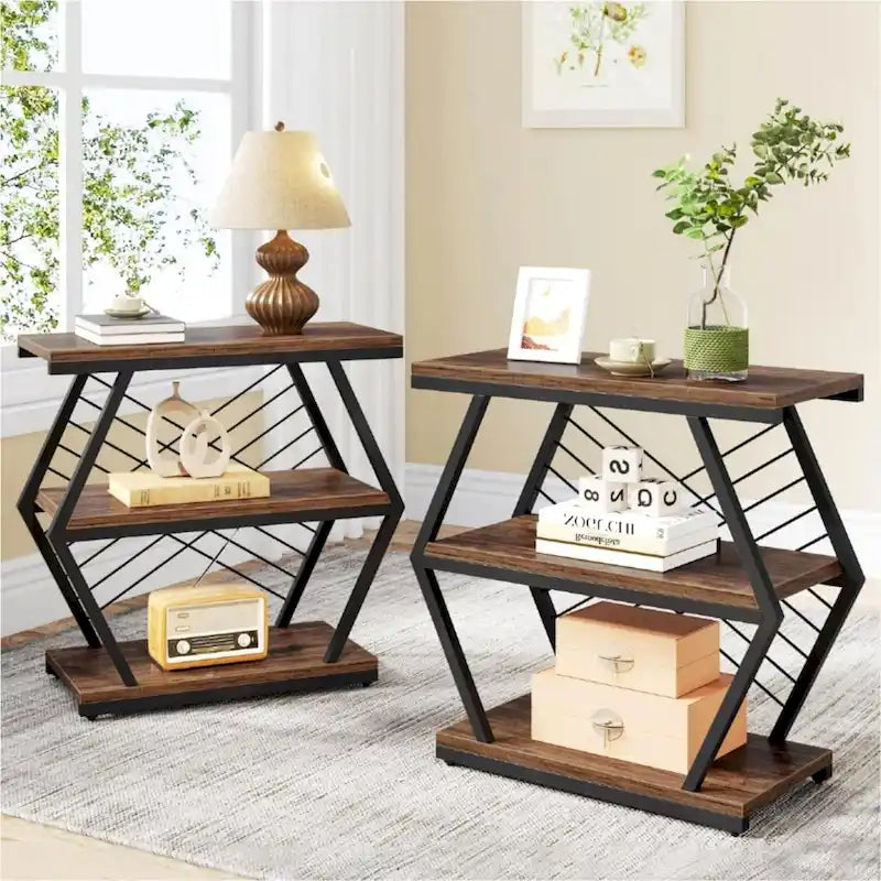3-Tier Industrial End Table with Open Shelves, Rustic Wood and Metal