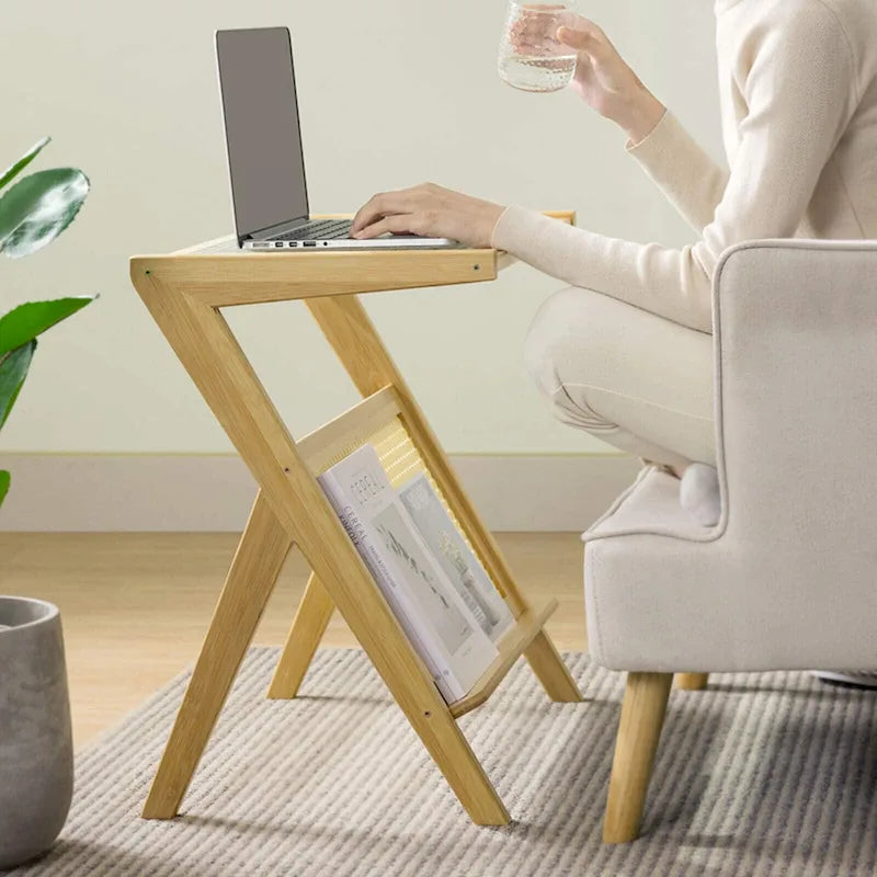 Bamboo Glass Top Side Table Accent End Table with Magazine Rack