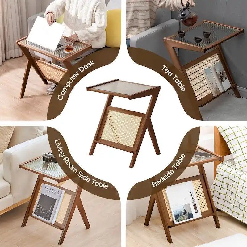 Bamboo Glass Top Side Table Accent End Table with Magazine Rack