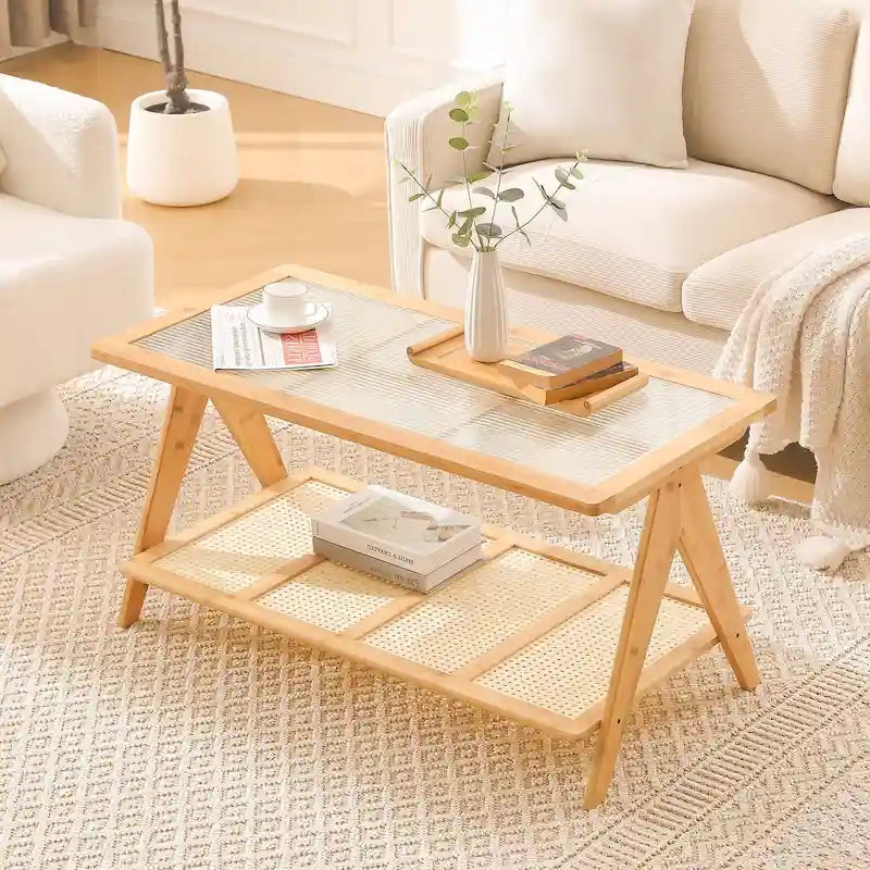 Bamboo Glass Top Side Table Accent End Table with Magazine Rack