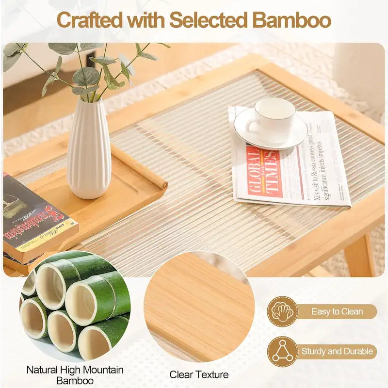 Bamboo Glass Top Side Table Accent End Table with Magazine Rack