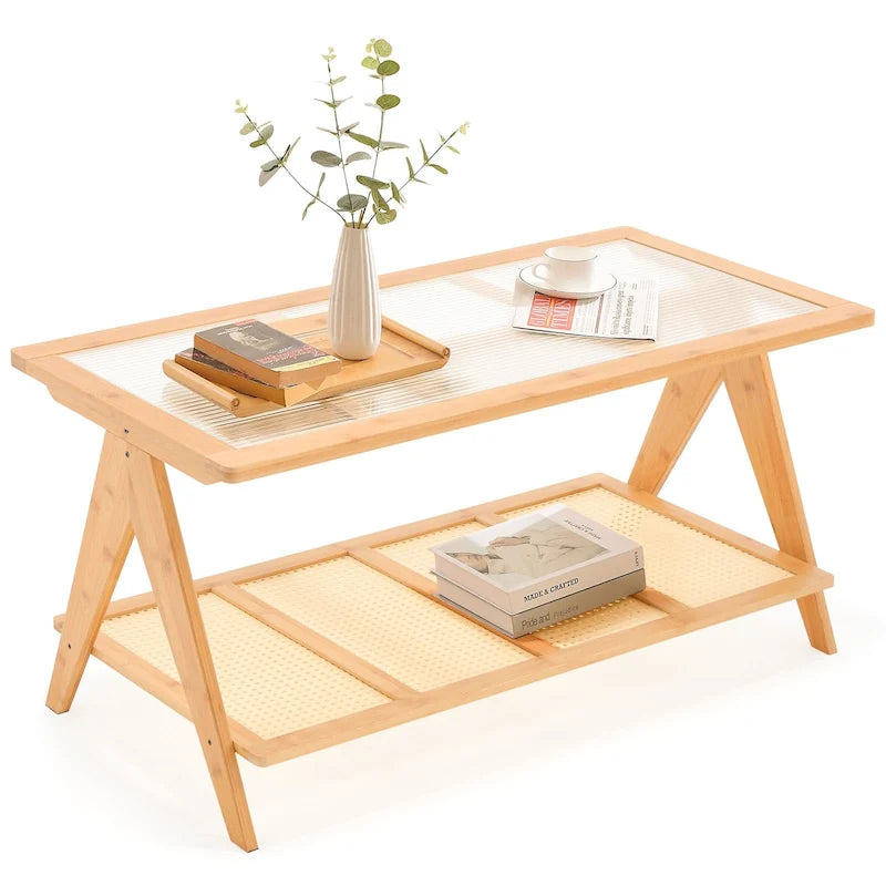 Bamboo Glass Top Side Table Accent End Table with Magazine Rack
