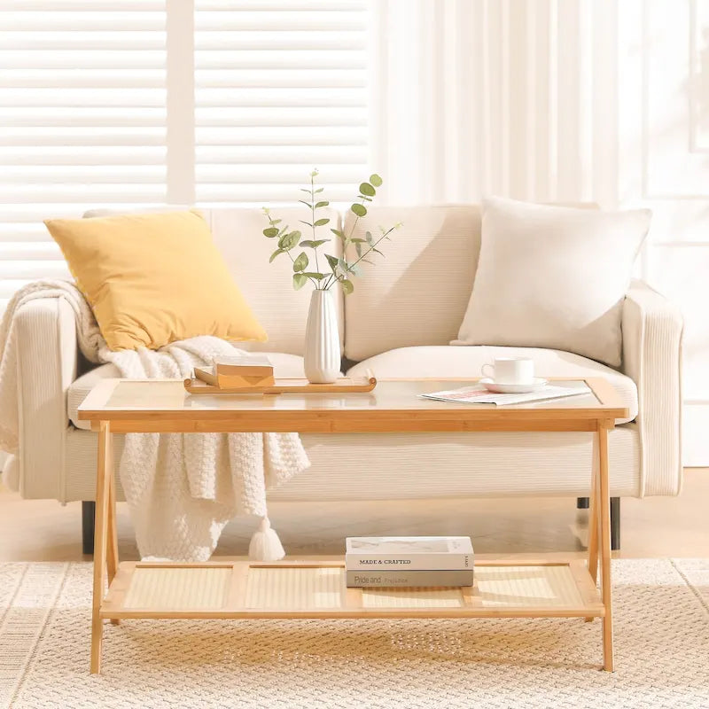 Bamboo Glass Top Side Table Accent End Table with Magazine Rack
