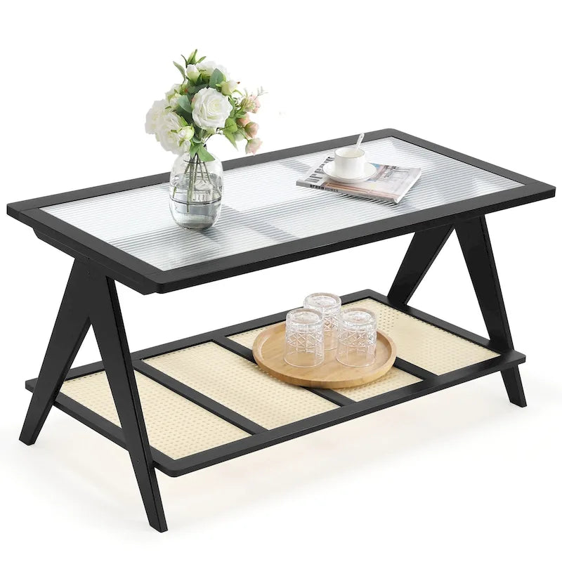 Bamboo Glass Top Side Table Accent End Table with Magazine Rack