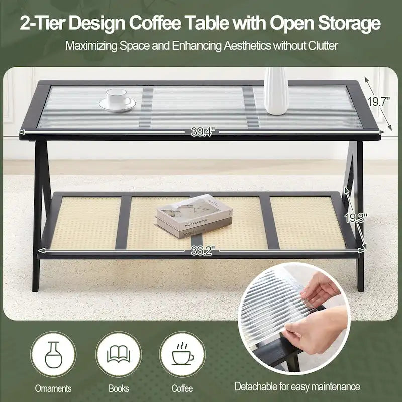 Bamboo Glass Top Side Table Accent End Table with Magazine Rack