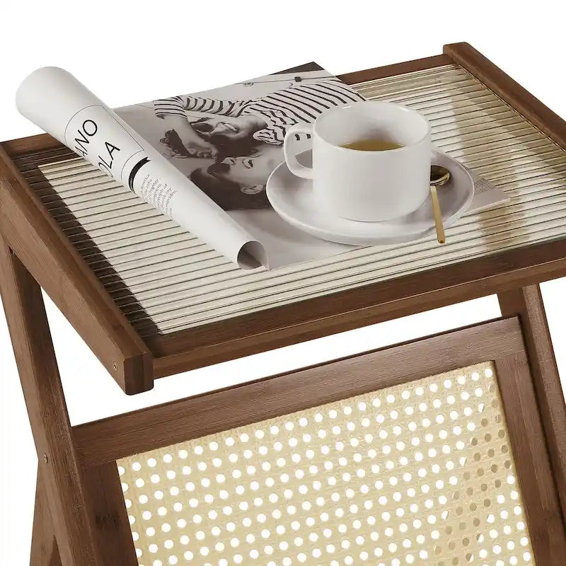Bamboo Glass Top Side Table Accent End Table with Magazine Rack