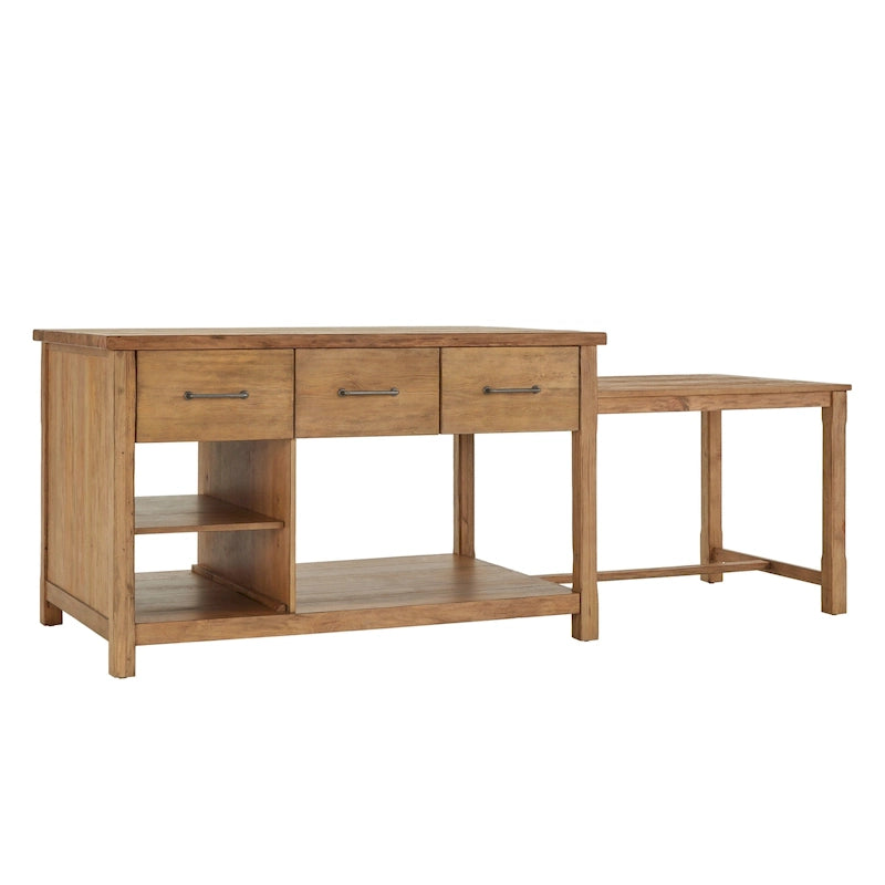 Extendable Kitchen Island with 3 Drawers and Open Shelf, Carbonized Pine