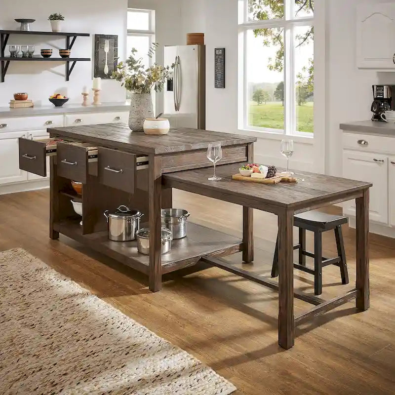 Extendable Kitchen Island with 3 Drawers and Open Shelf, Carbonized Pine