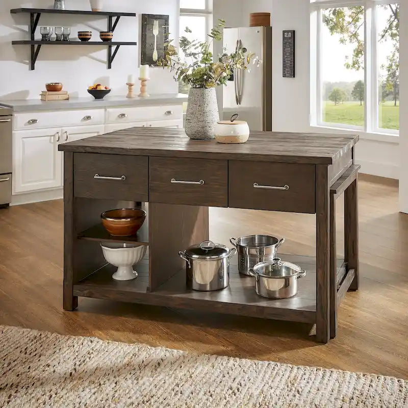 Extendable Kitchen Island with 3 Drawers and Open Shelf, Carbonized Pine