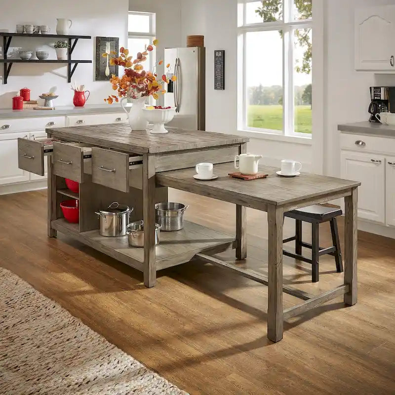 Extendable Kitchen Island with 3 Drawers and Open Shelf, Carbonized Pine