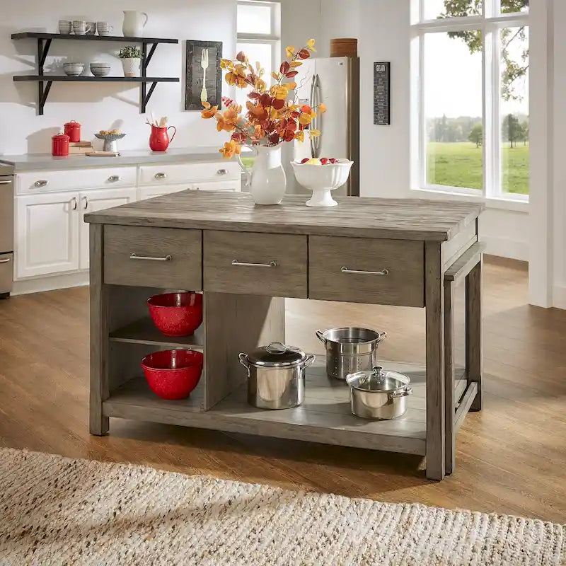 Extendable Kitchen Island with 3 Drawers and Open Shelf, Carbonized Pine