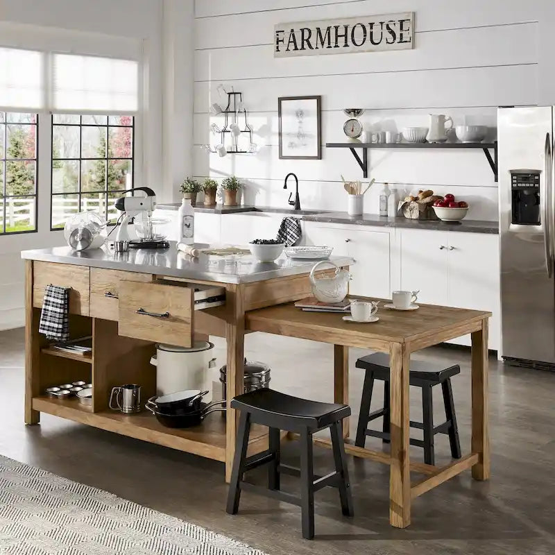 Extendable Kitchen Island with 3 Drawers and Open Shelf, Carbonized Pine
