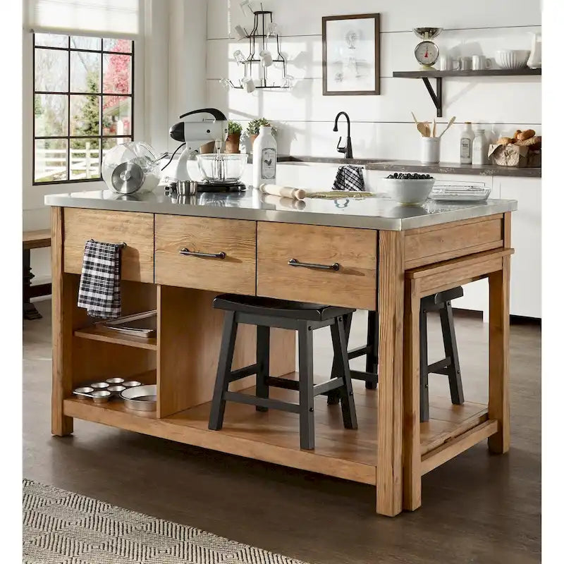Extendable Kitchen Island with 3 Drawers and Open Shelf, Carbonized Pine