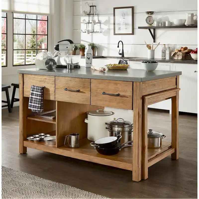 Extendable Kitchen Island with 3 Drawers and Open Shelf, Carbonized Pine