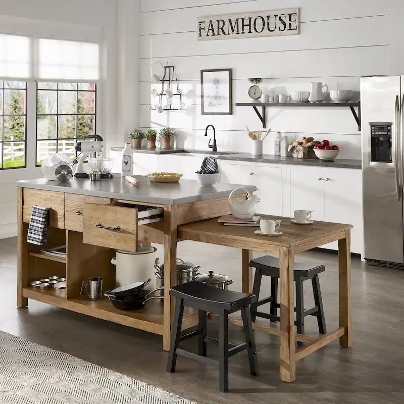 Extendable Kitchen Island with 3 Drawers and Open Shelf, Carbonized Pine