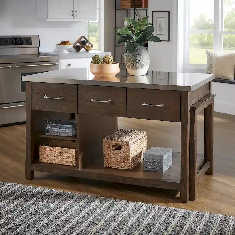 Extendable Kitchen Island with 3 Drawers and Open Shelf, Carbonized Pine
