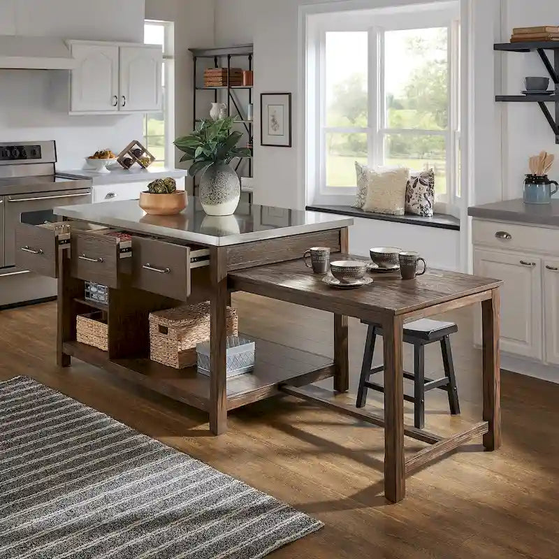 Extendable Kitchen Island with 3 Drawers and Open Shelf, Carbonized Pine